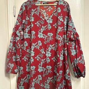 Boohoo Red Floral Long Sleeve Dress